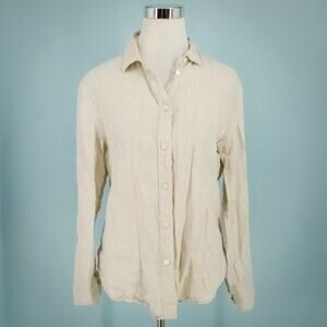J. Crew Size Small S Tan Beige Slim Fit Linen Collared Button Long Sleeve Top